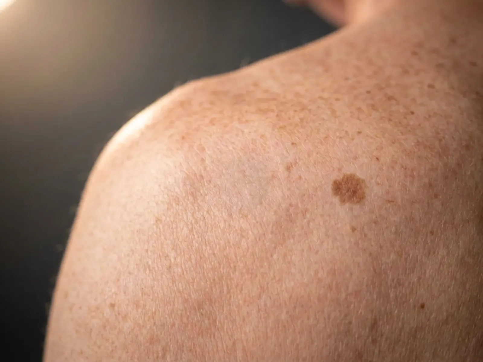 A single brown mole on a lightly freckled shoulder under warm light