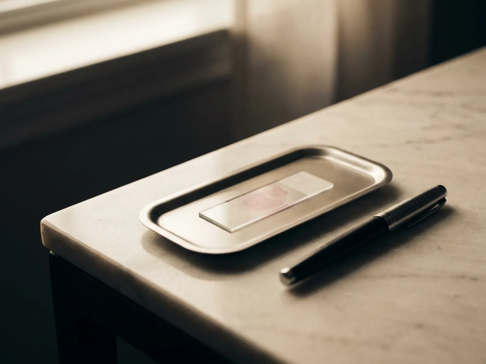 Still life of a glass microscope slide with a pink-stained tissue section on a steel tray beside a fountain pen