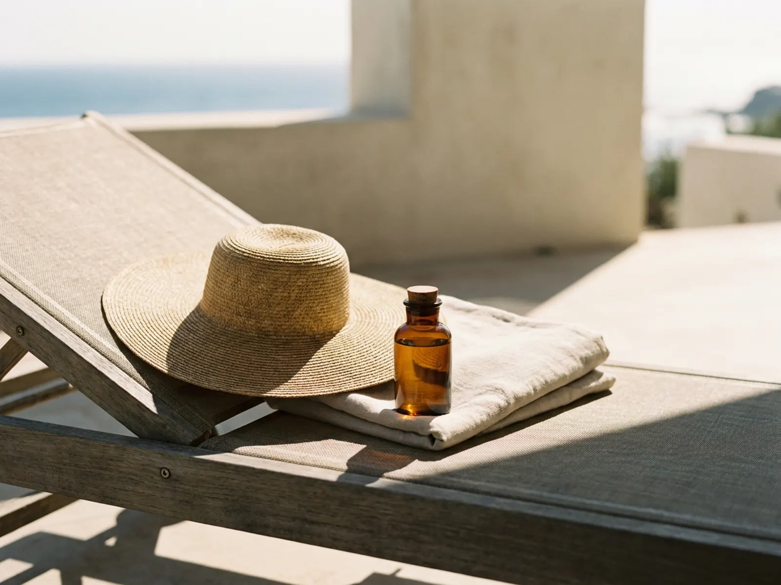 Still life of a straw hat, a folded linen towel, and an amber glass bottle on a teak deck chair in hard midday sun