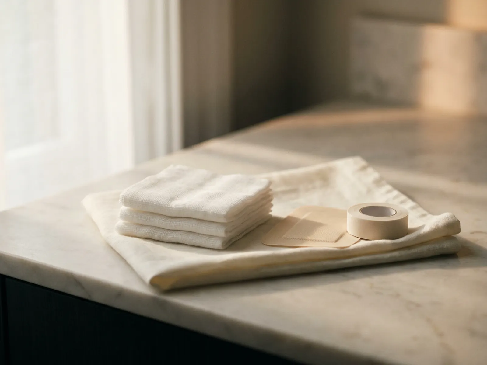 Still life of folded gauze squares, a non-stick dressing pad, and a roll of paper tape on linen