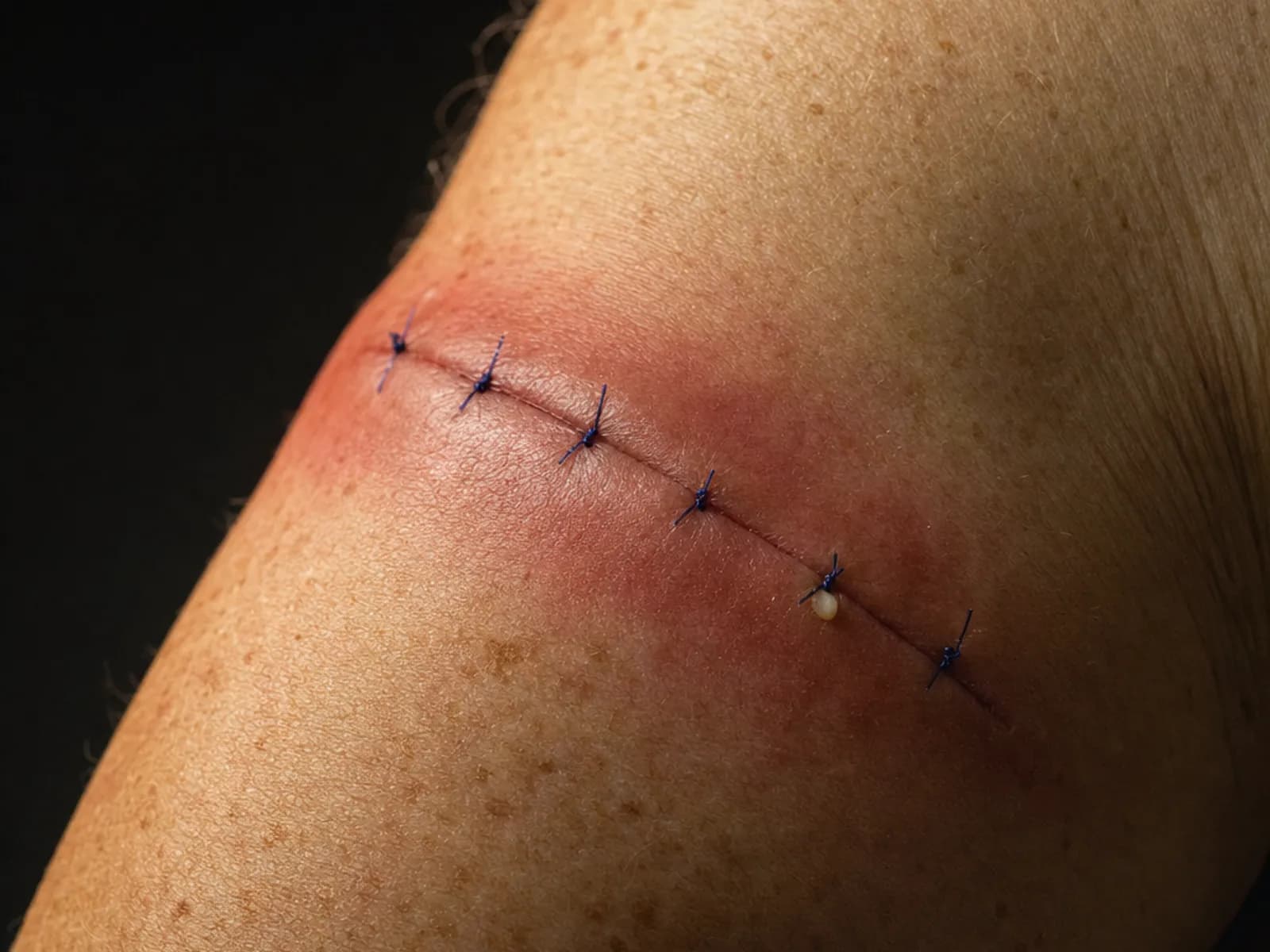 A sutured incision on an upper arm with a spreading pink flush around the stitches