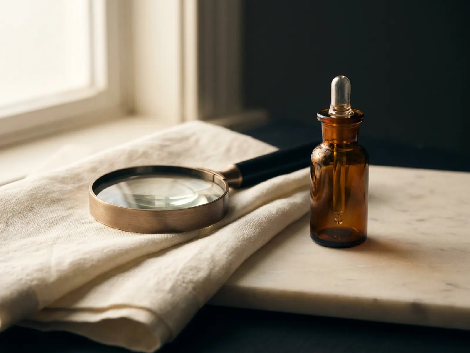 Still life of a magnifying loupe and a small amber dropper bottle on folded linen