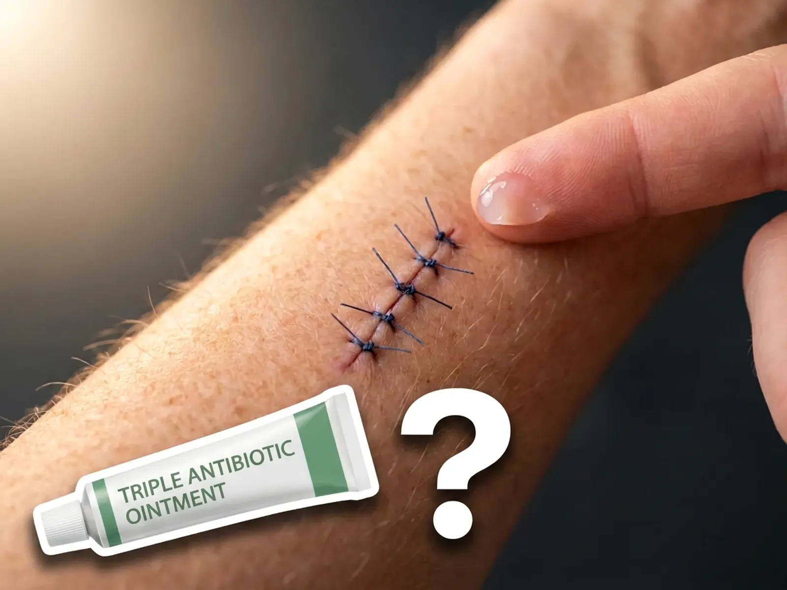 A fingertip above a sutured incision on a forearm, with a tube labeled triple antibiotic ointment and a question mark superimposed