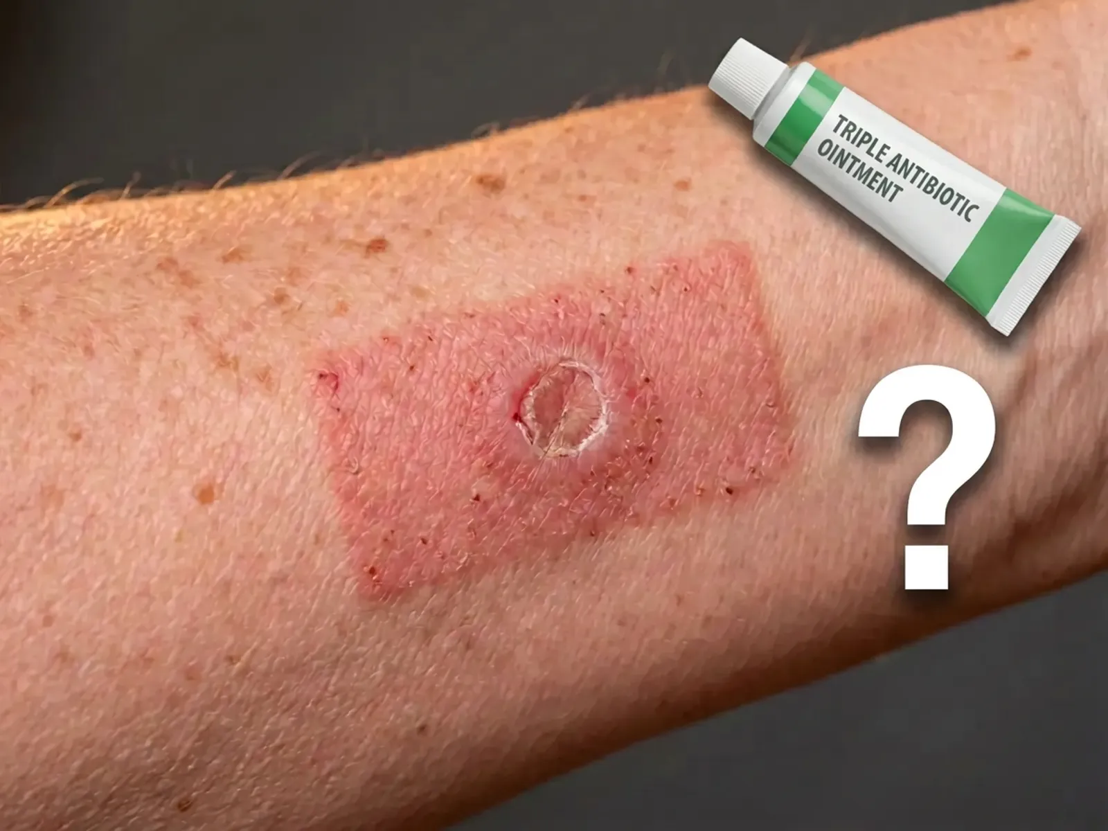 A rectangular patch of red, scaly rash around a small healing wound on a forearm, with a tube labeled triple antibiotic ointment and a question mark superimposed