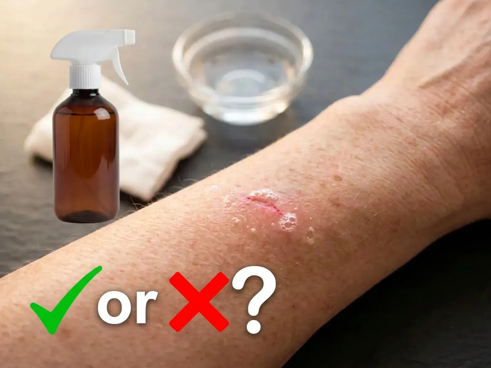 A small scraped area on a forearm with a few bubbles at its edge, a spray bottle and a dish of liquid behind it, and a green check mark, the word or, a red X, and a question mark overlaid on the skin