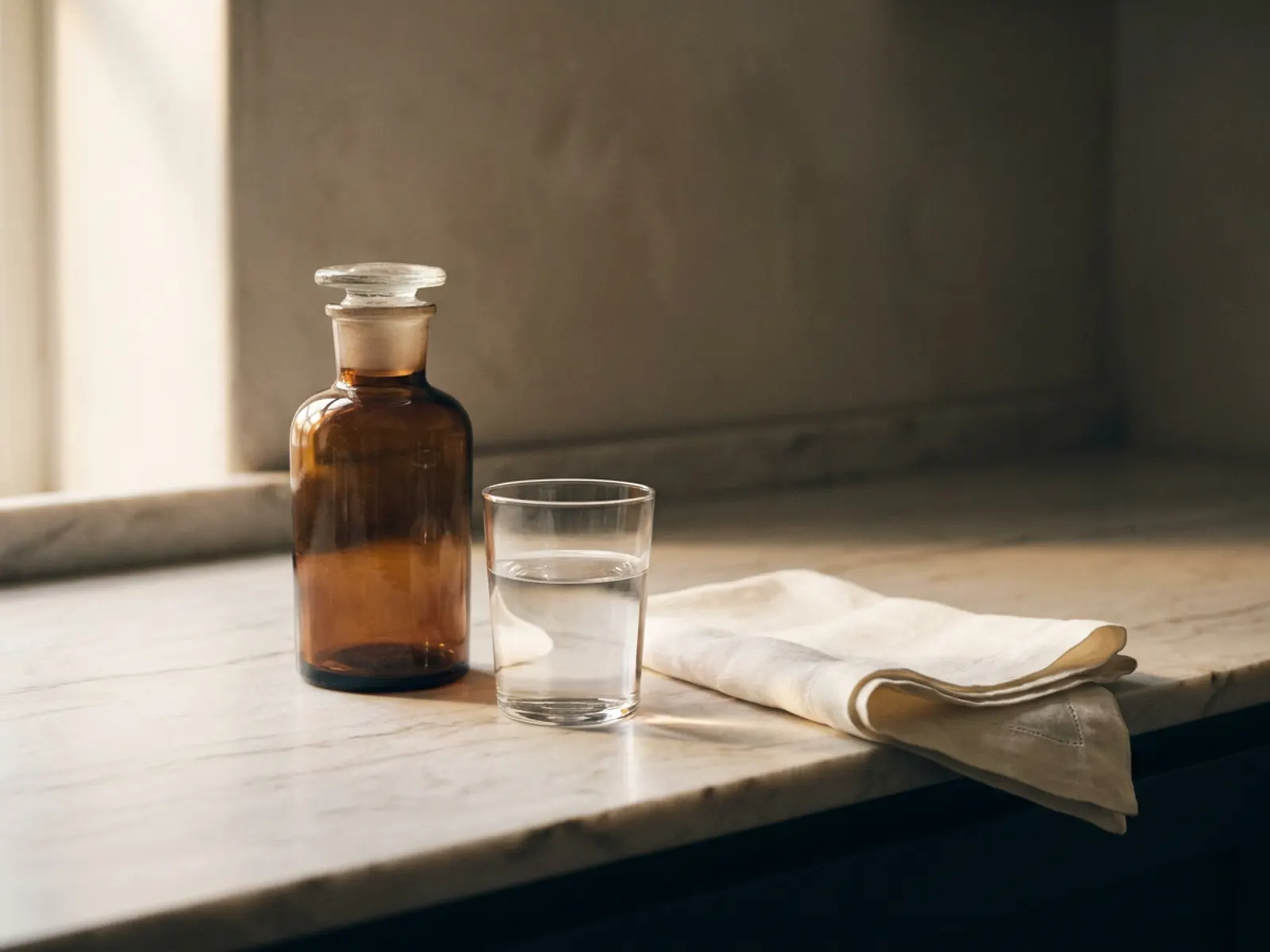 Still life of an amber glass apothecary bottle beside a glass of plain water on marble