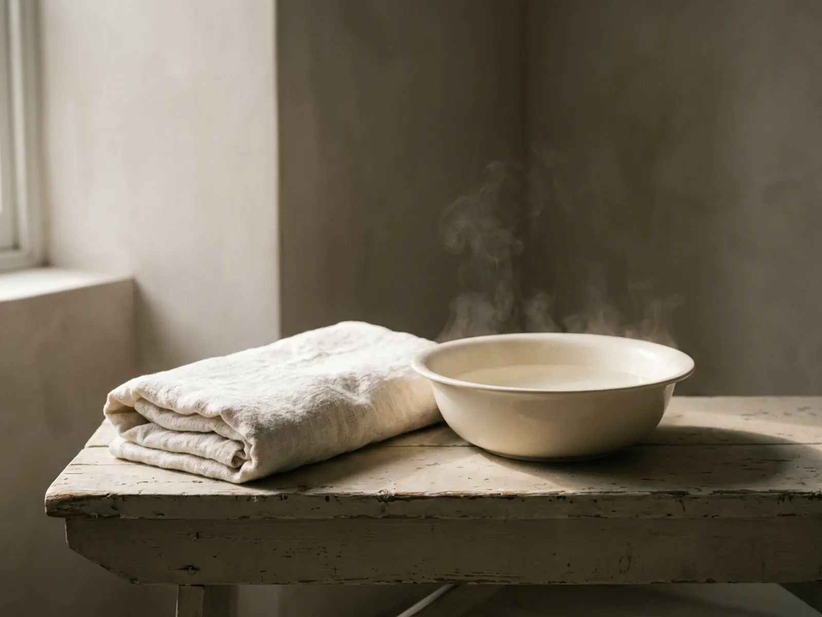 Still life of a folded linen towel and a porcelain basin of warm water on a wooden bench