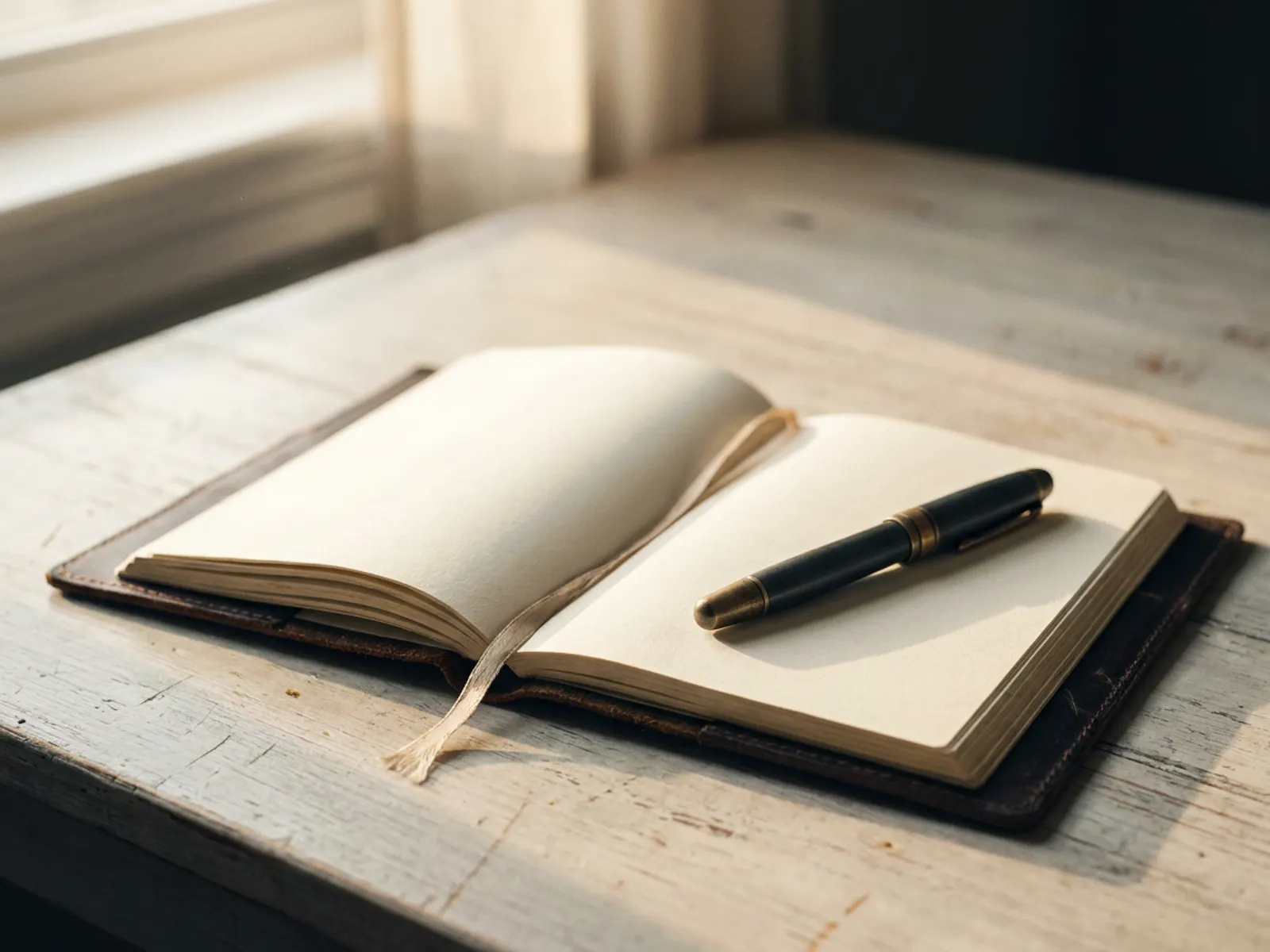 Still life of an open leather journal with blank pages and a fountain pen on a weathered wooden desk