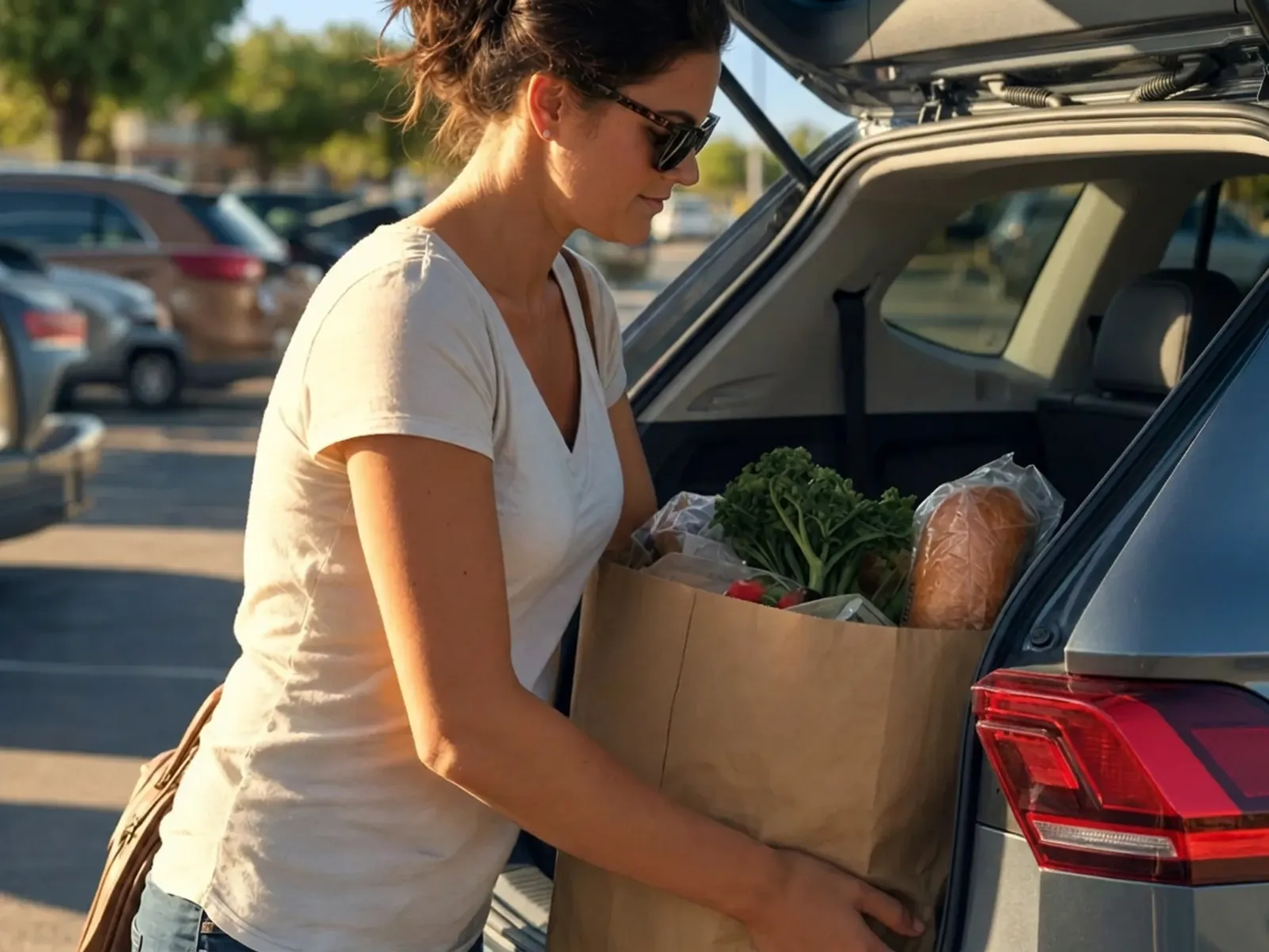 A woman in her thirties loading a grocery bag into the back of an SUV in bright afternoon sun