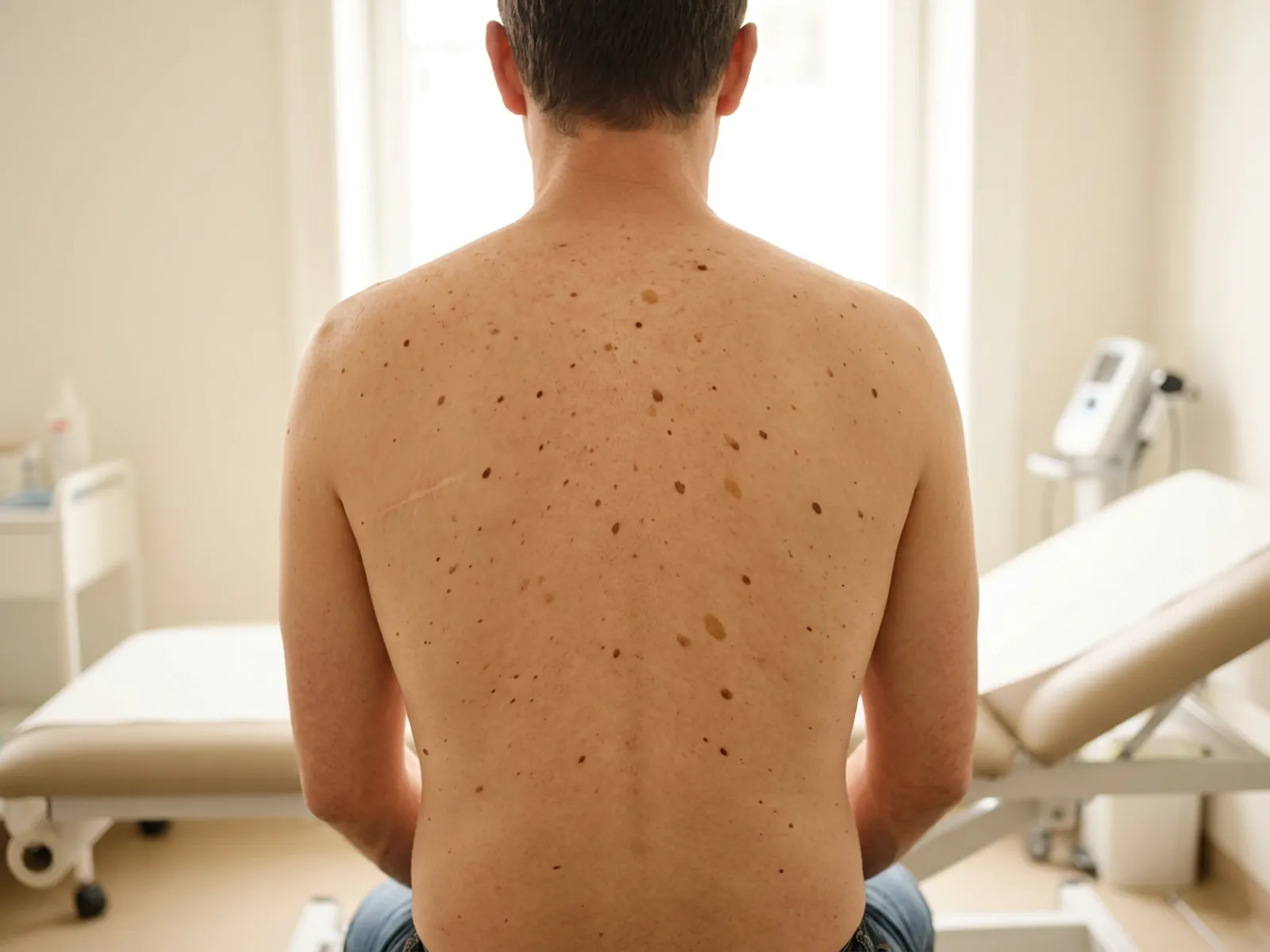The back of a man in his forties with many moles and a healed excision scar, seated in an exam room