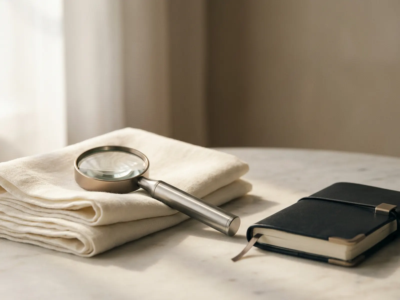 Still life of a magnifying glass resting on folded linen beside a closed pocket diary