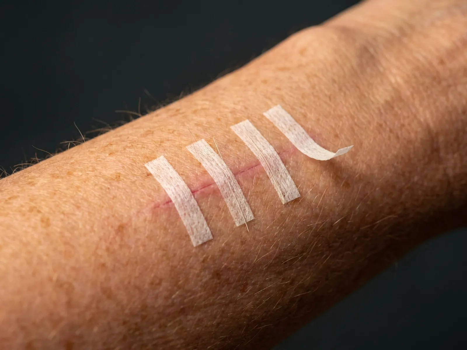 Four narrow skin-closure strips across a healing incision on a forearm, with the end of one strip lifting