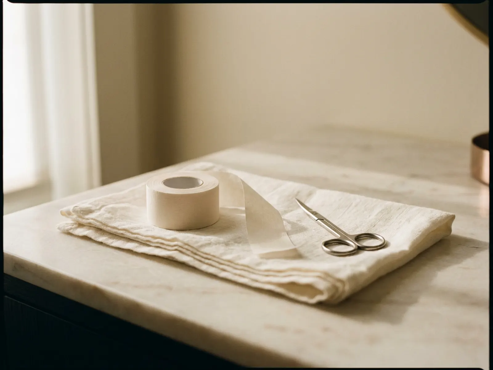 Still life of a spool of paper surgical tape and small steel scissors on folded linen
