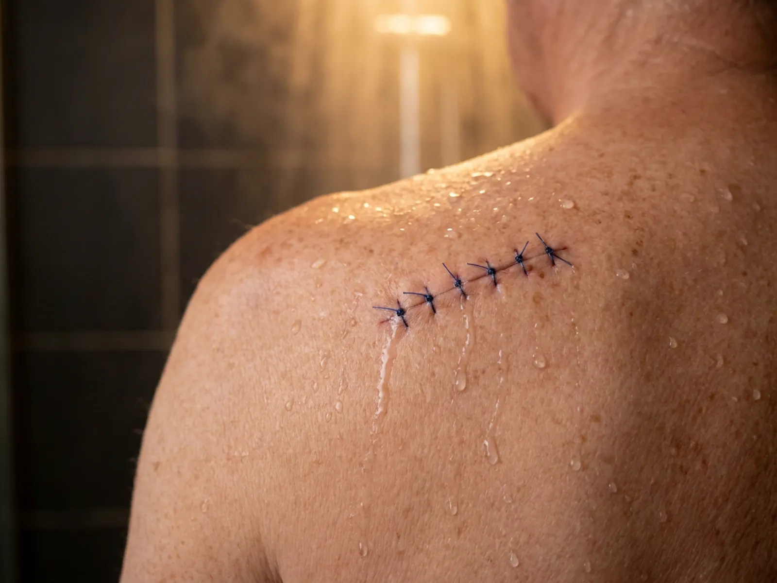 Water droplets and rivulets running over a sutured incision on a shoulder in a steamy shower