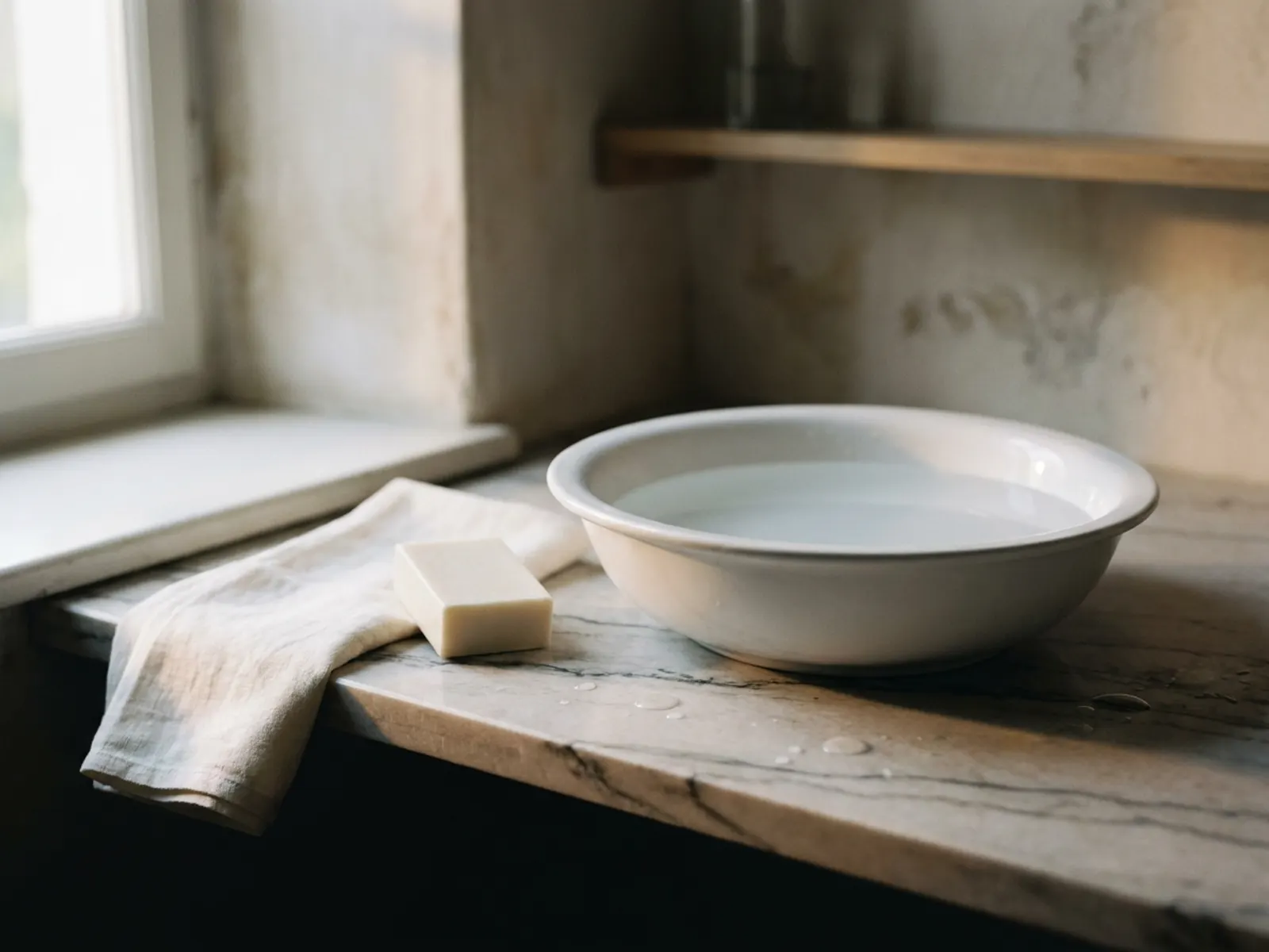 Still life of a porcelain basin of clear water, a folded linen towel, and a bar of plain soap on marble
