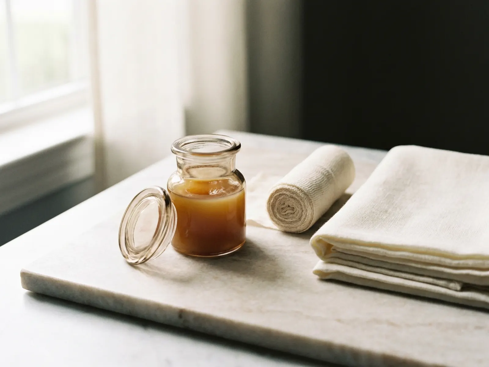 Still life of a glass jar of plain petrolatum and a roll of cotton gauze on linen